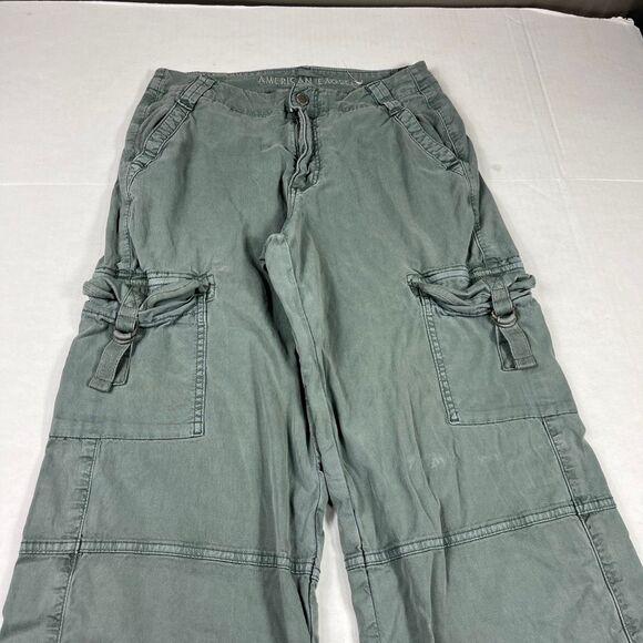 American Eagle Womens Super High Rise Cargo Pants Green Y2K Wide Leg Baggy 0 - Picture 3 of 15